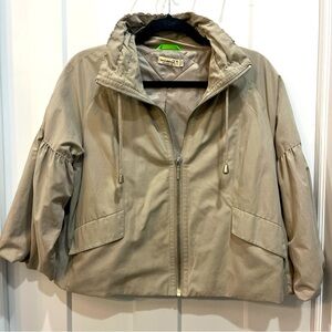 ONE WORLD Women's Beige Crop Puffer Sleeve Jacket Size Medium Full Zip Pockets